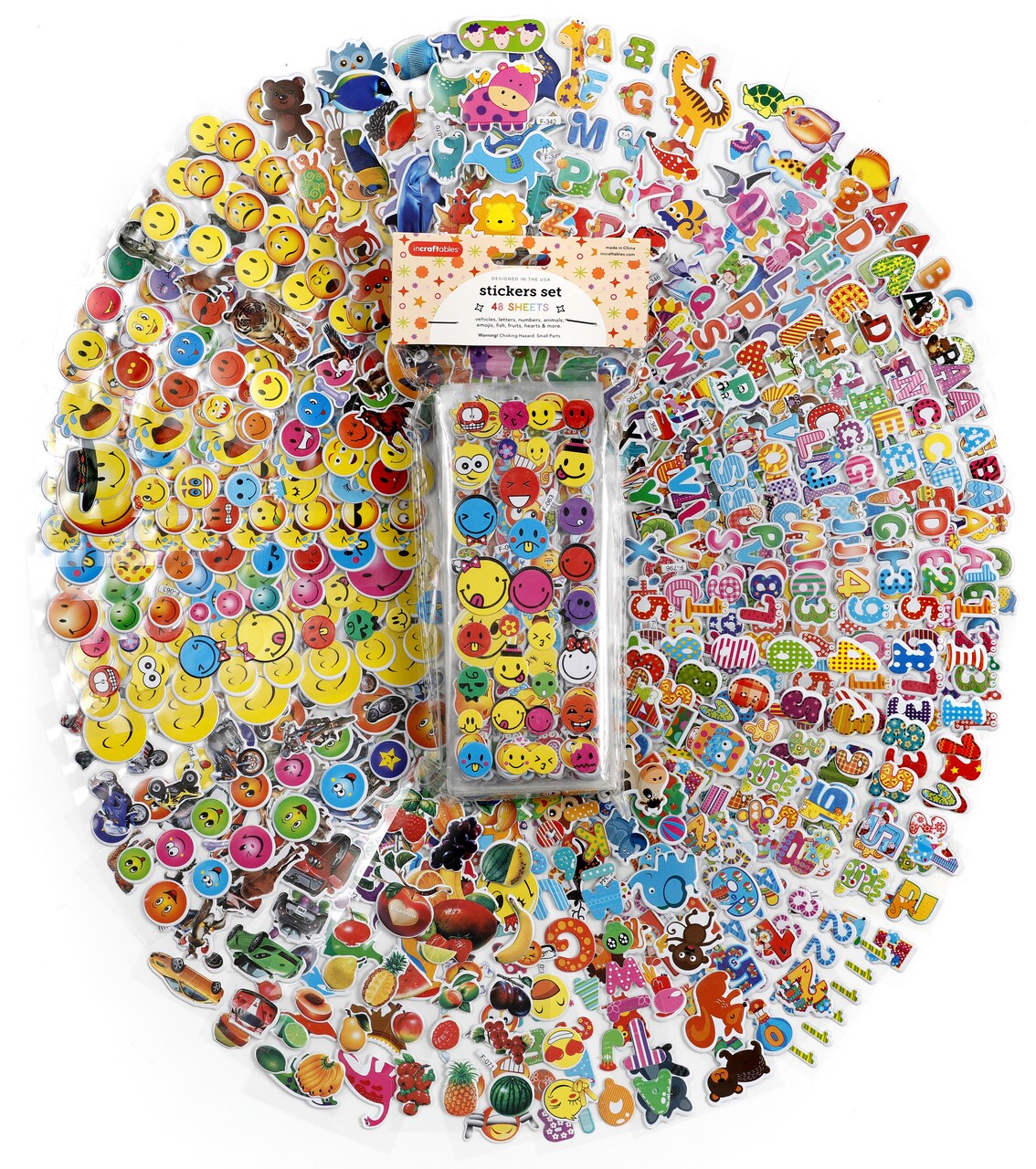 Incraftables Puffy Stickers for Kids (48 Sheets). Self Adhesive Puffy Stickers for Toddlers w/ Letters, Numbers, Animals, Vehicles, Fruits, Emojis & More. Bulk Reusable 3D Stickers for Girls & Boys.